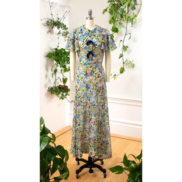 Vintage 1930s Tea Dress 30s Floral Cotton Voile Maxi Art Deco Summer Lawn Dress - Picture 3 of 12